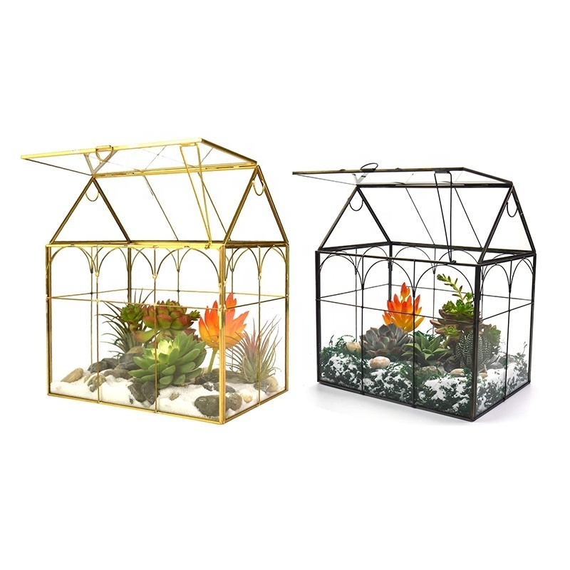 Tabletop Orchid Succulent Cacti Terrarium Kit House Shape Gold Black Large Tall Plant Terrarium Glass Greenhouse with Lid