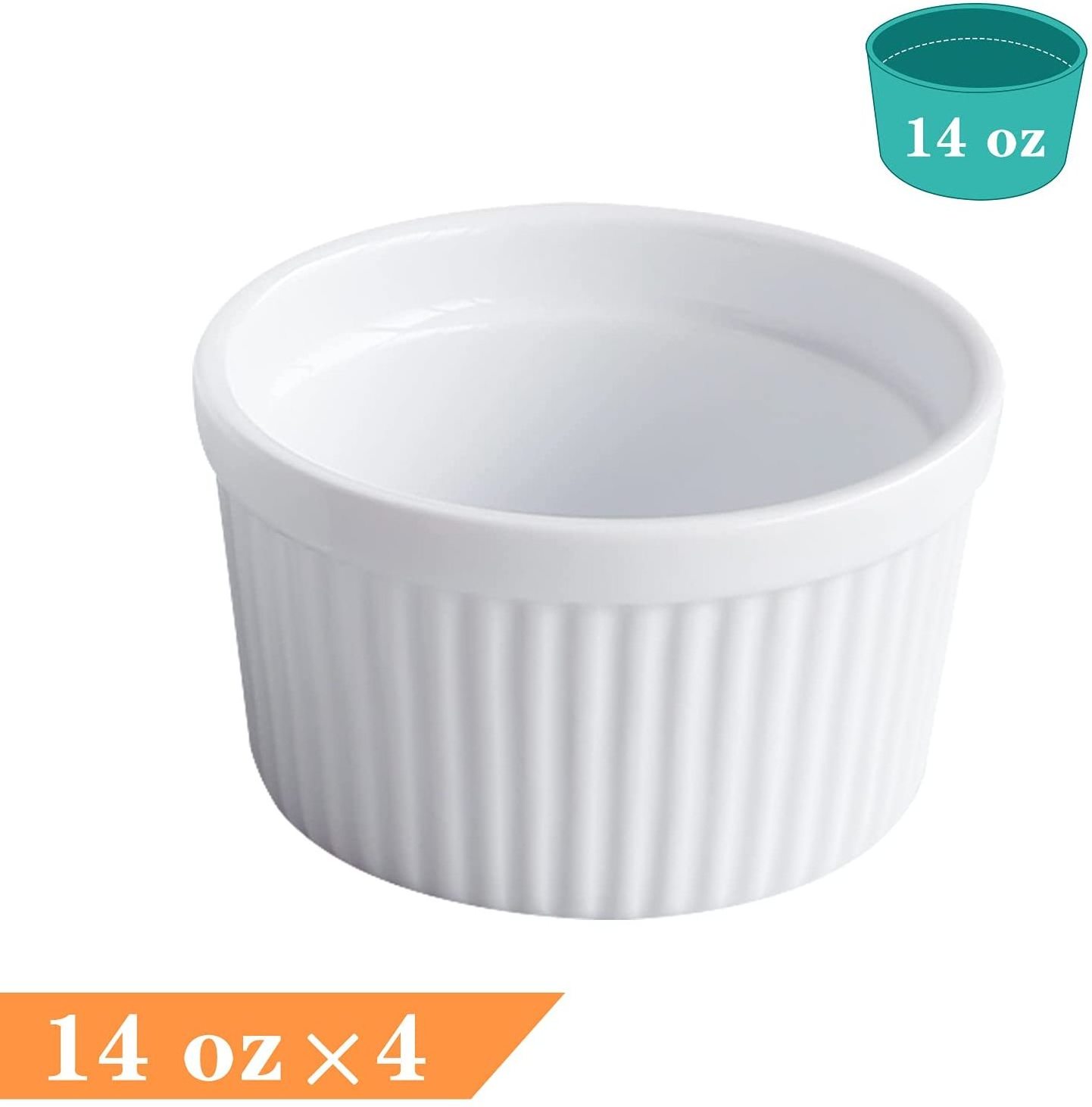 White 14 oz Set of 4 Souffle Dishes Ramekins Oven Microwave Safe Bowls Creme Brulee Set Sauce Cups for Baking Cooking Dessert