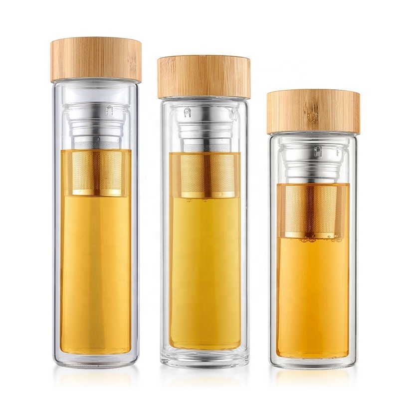 Factory Top Seller Travel Infuser Mug Bamboo Lid Double Wall Vacuum 400ml Glass Tea Bottle with Stainless Steel Tea Infuser