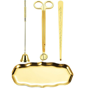 Gold Candle Trimmer Set 4 in 1 Candle Accessory Set Include Candle Wick Trimmer Snuffer Wick Dipper and Gold Plate Tray