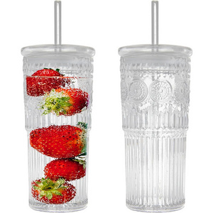 24 OZ High Borosilicate Textured Embossed Sunflower Glass Tumbler With Lid and Straw