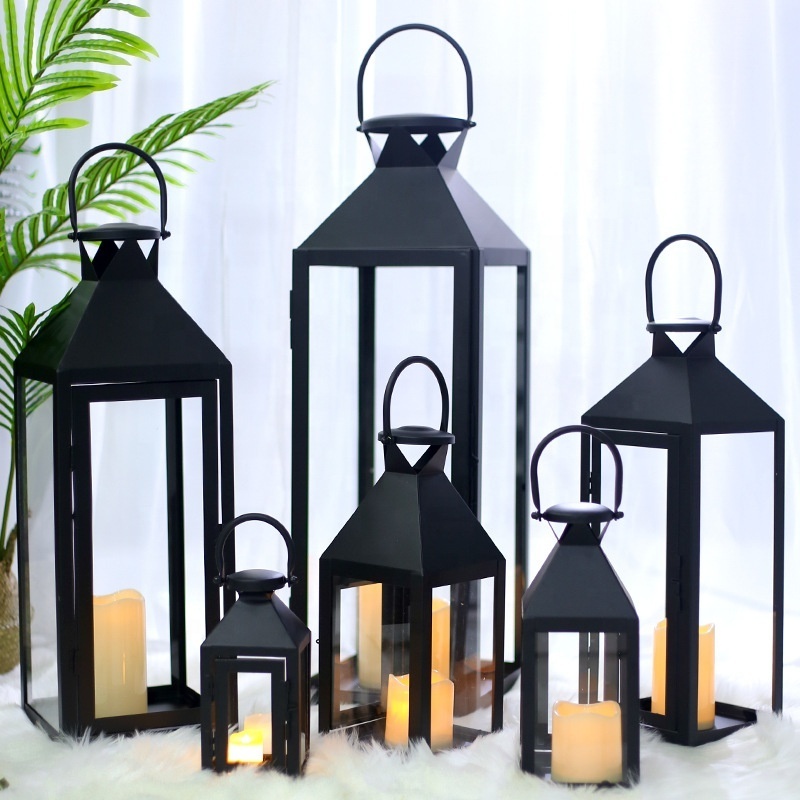 Home Decorative Antique Metal Classical Candle Lantern Windproof Large Small Size Black Metal Glass Candle Lantern