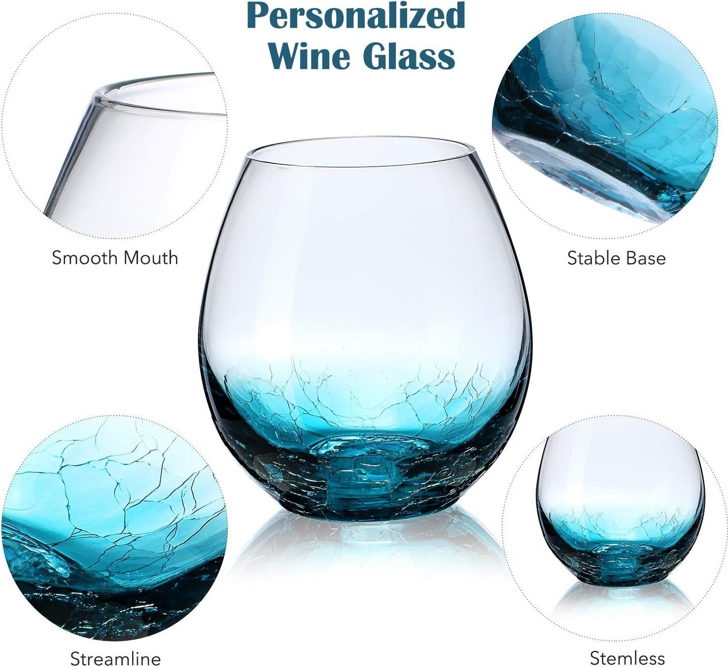 Hand Blown Lead-Free Glassware Stemless Wine Glass Blue Ice Crackle Stemless Wine Glasses Whiskey Tumbler Drinking Glasses