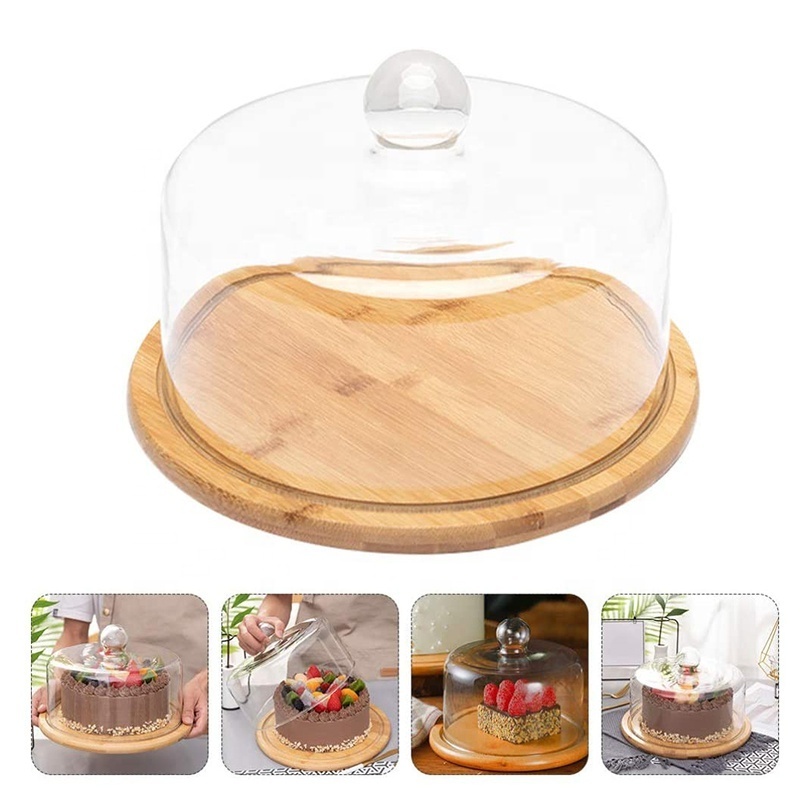 Glass Dome with Wooden Base Mini Cake Stand Glass Display Dome Cloche Clear Glass Bell Jar Cover for Dessert Cheese Candy