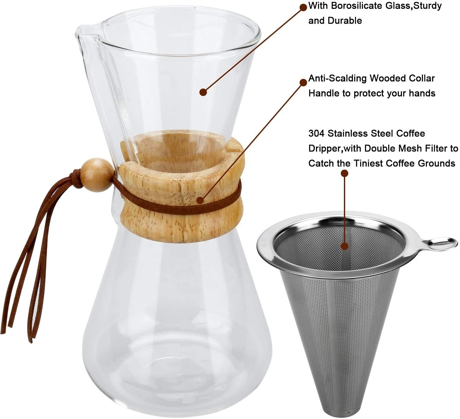 Borosilicate Glass Carafe Pour Over Coffee Maker Reusable Stainless Steel Permanent Filter Manual Glass Coffee Dripper Brewer