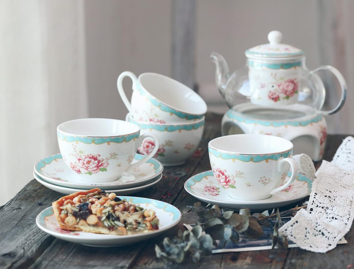 Wholesale Fine China Flower Series Porcelain Glass Tea Sets Ceramic Tea Cup Saucer Set with Teapot Warmer