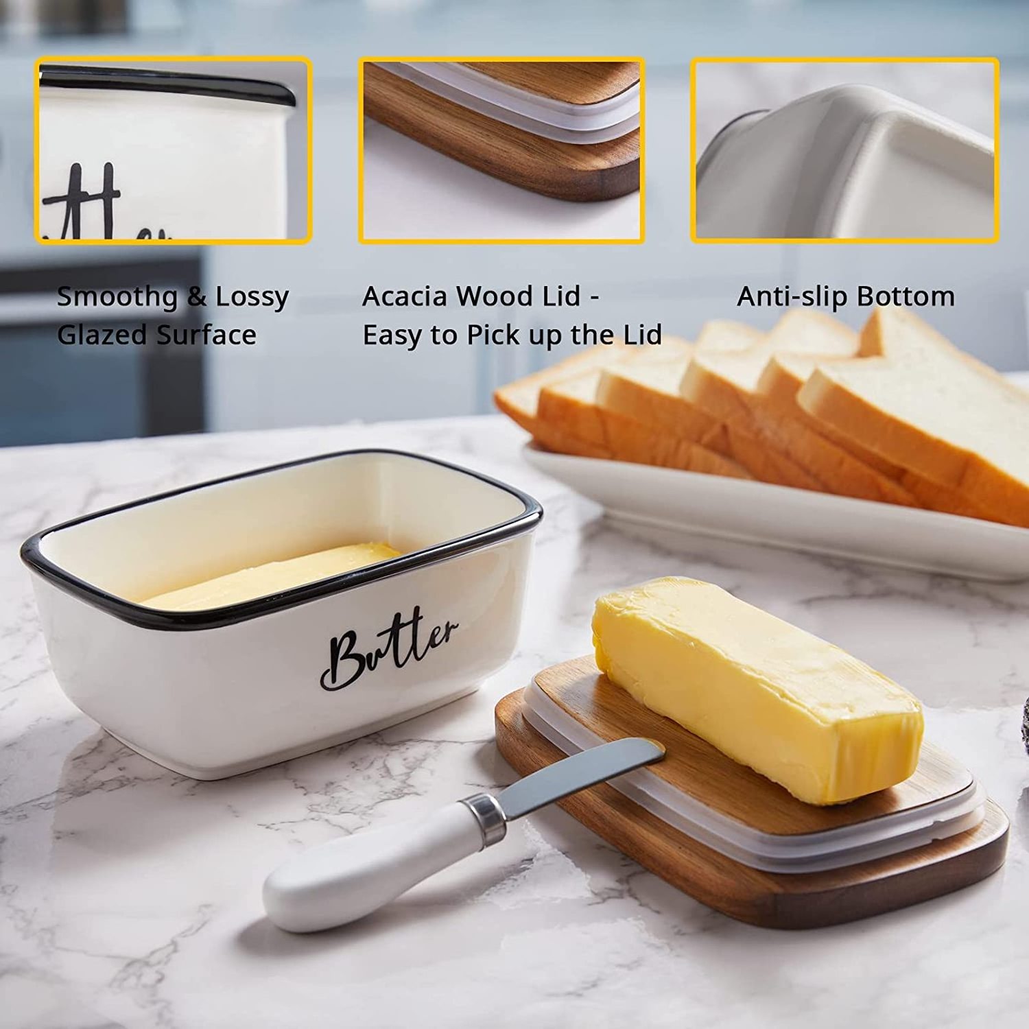 Hot Sale Fridge Airtight Butter Keeper Thick Acacia Wood Lid Vintage Ceramic Butter Container Dish with Lid and Knife