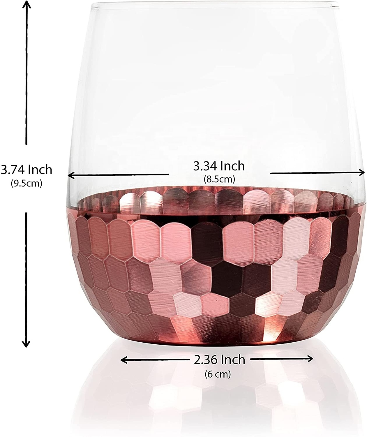 Stemless Wine Glasses Handmade Hammered Bottom honeycomb Base Copper Tone Rose Gold Red White Wine Glasses