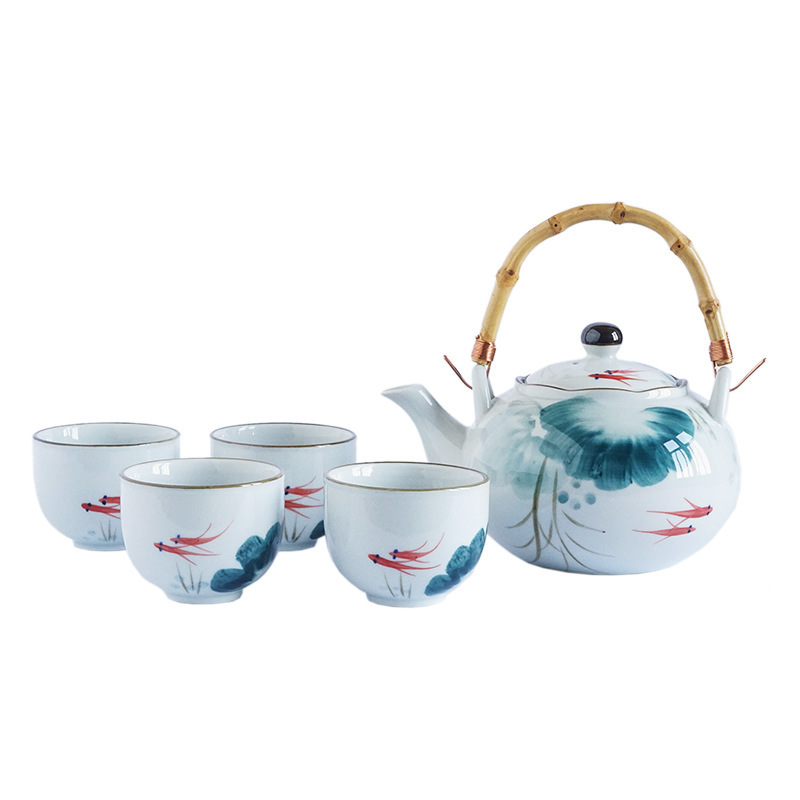 Beautiful Asian Porcelain Art Teapot Set Ceramic Tea Sets 4 Cups and 24oz Tea Pot with Bamboo Handle Japanese Tea Kettle