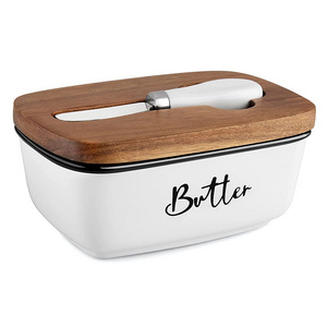 Hot Sale Fridge Airtight Butter Keeper Thick Acacia Wood Lid Vintage Ceramic Butter Container Dish with Lid and Knife