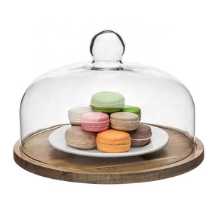 Glass Dome with Wooden Base Mini Cake Stand Glass Display Dome Cloche Clear Glass Bell Jar Cover for Dessert Cheese Candy