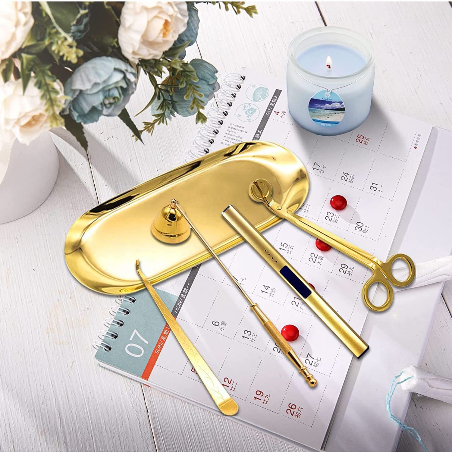 Gold Wick Trimmer Cutter Candle Snuffer Wick Dipper Rechargeable Electric Lighter Tray Plate 5 in 1 Stainless Steel Candle Kit