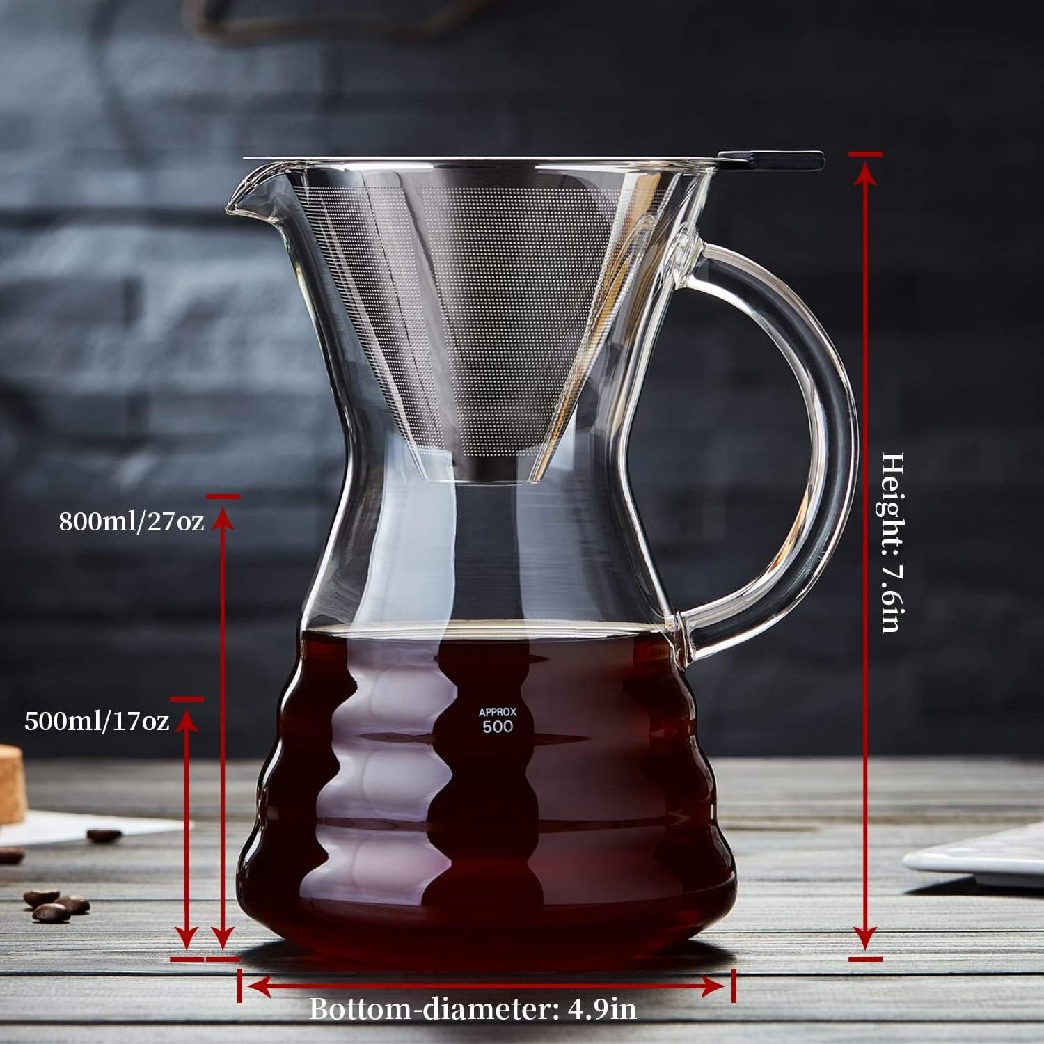 High Quality 800ml 27oz Paperless Borosilicate Glass Carafe Manual Coffee Dripper Brewer Glass Pour Over Coffee Maker