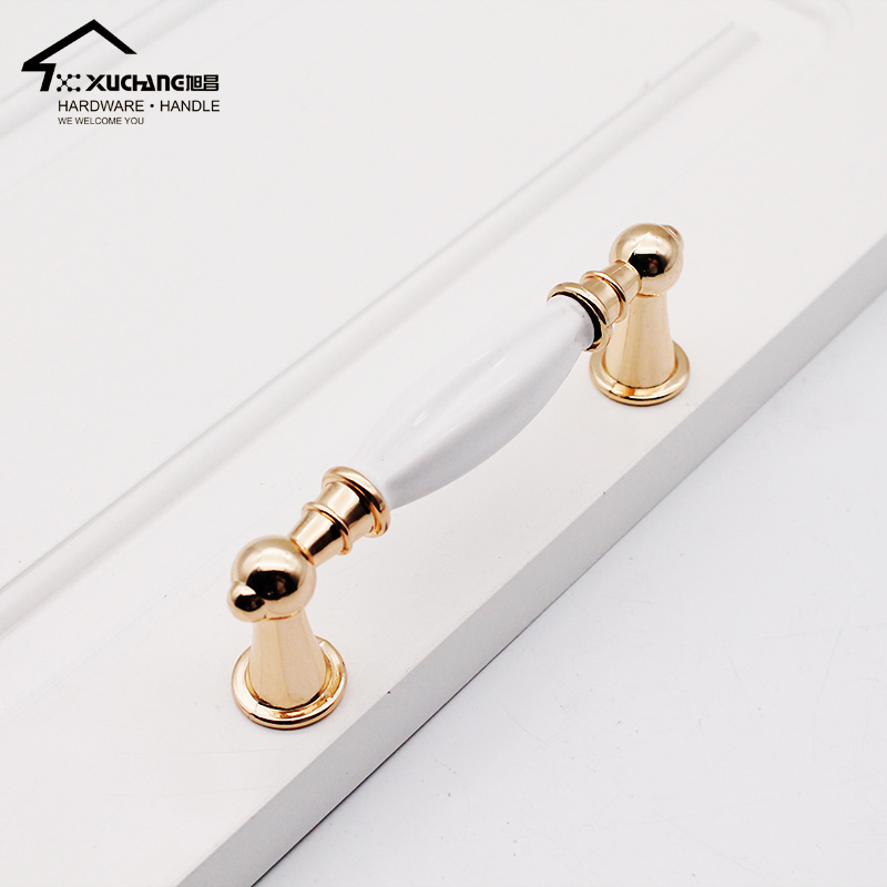 Factory Hot Sale Pull Knobs New Design K Gold Zinc Alloy White Ceramic Furniture Handles Kitchen