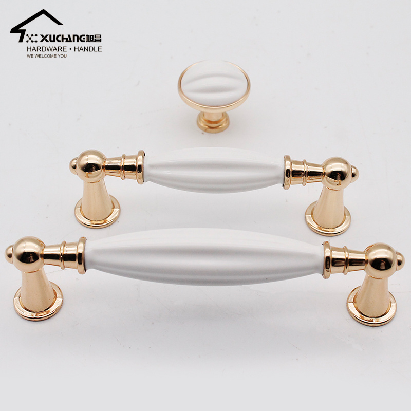 Factory Hot Sale Pull Knobs New Design K Gold Zinc Alloy White Ceramic Furniture Handles Kitchen