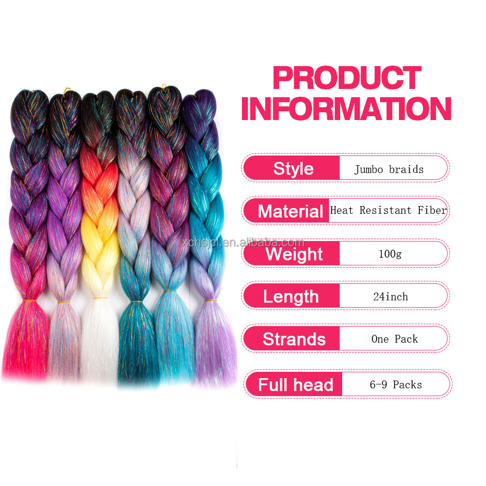 Wholesale Synthetic Tinsel Glowing Jumbo Braids Synthetic jumbo braiding hair with Tinsel