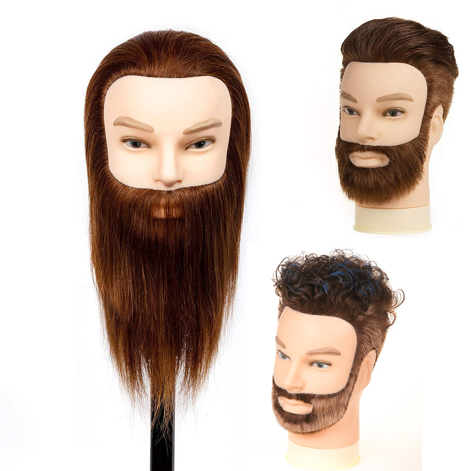 100% Real Human Hair Men Hairdressing Training Head Cutting Practice Mannequin Head with Big Beard For Salon