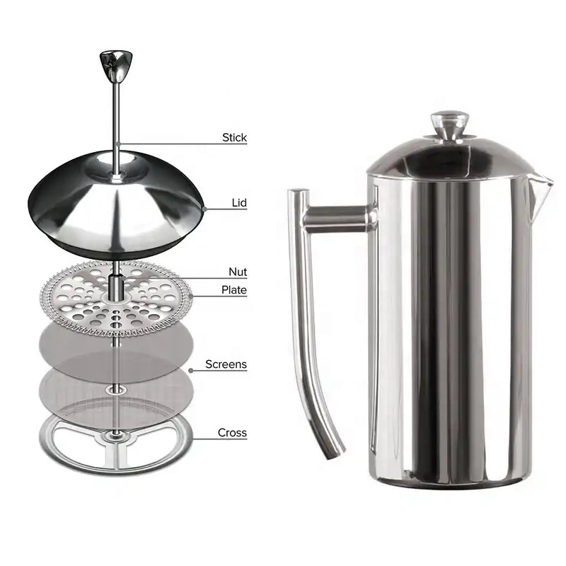 Hot Commodity Customized Double Wall French Coffee Press Stainless Steel French Press 1 Liter