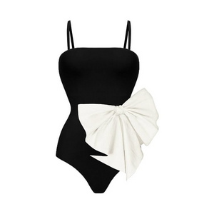 2024 new one-piece swimsuit bow decoration sweet sister black and white countercolor swimsuit woman