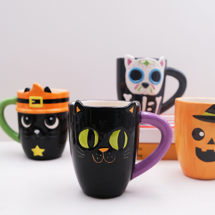 Custom Ceramic Hand-painted Halloween Coffee Mug Creative 3D Embossed cat pumpkin Mugs for Halloween