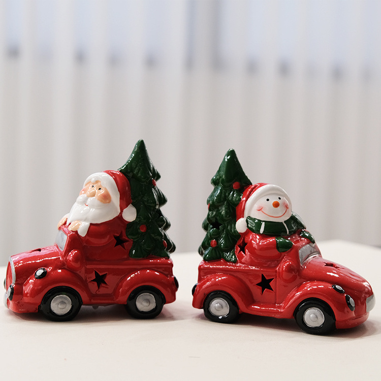 Dolomite  ceramic santa claus snowman driving car Christmas decoration with led light for kids gifts