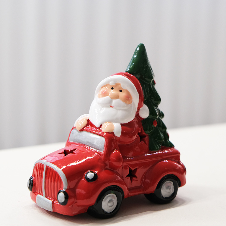 Dolomite  ceramic santa claus snowman driving car Christmas decoration with led light for kids gifts