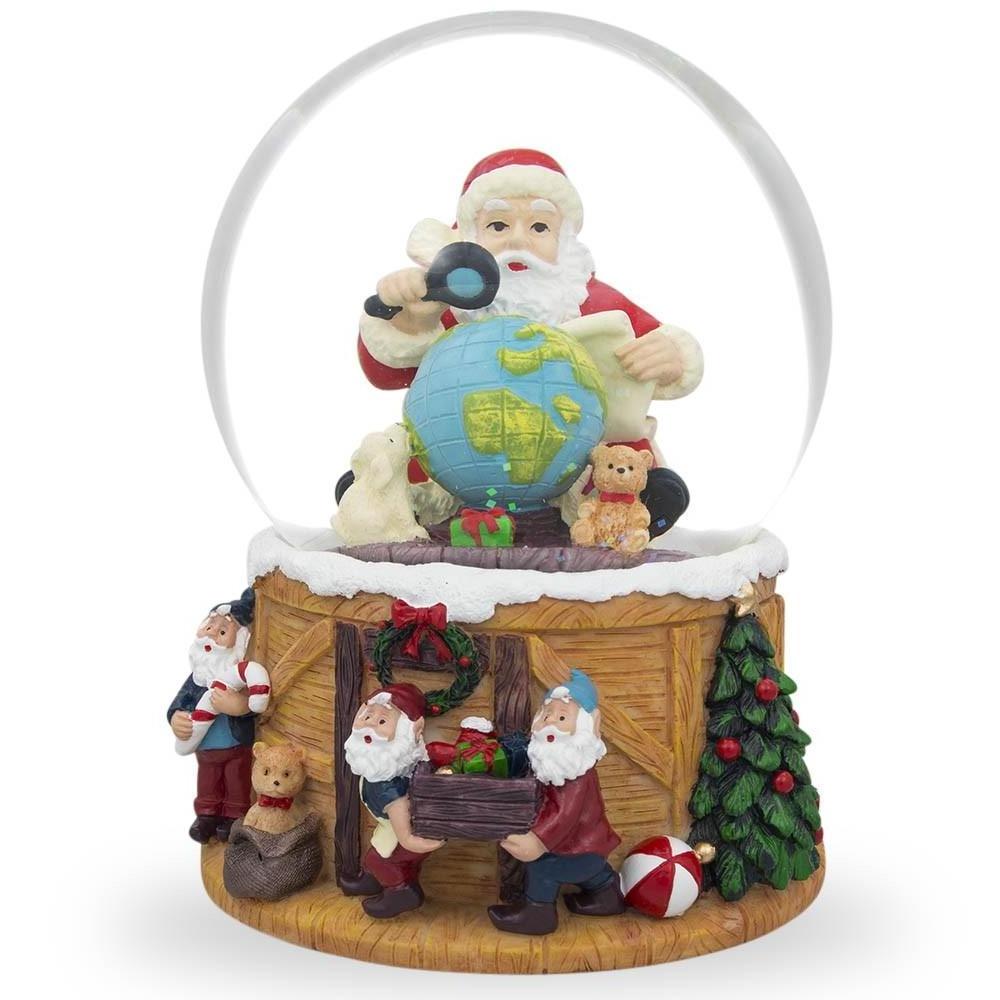 Santa Exploring World with Gnomes Musical Snow Globe Glass