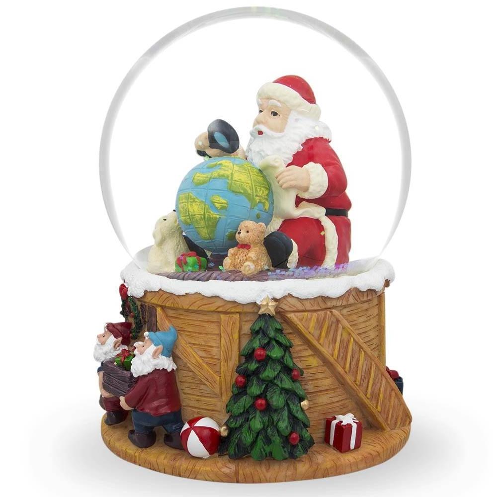 Santa Exploring World with Gnomes Musical Snow Globe Glass