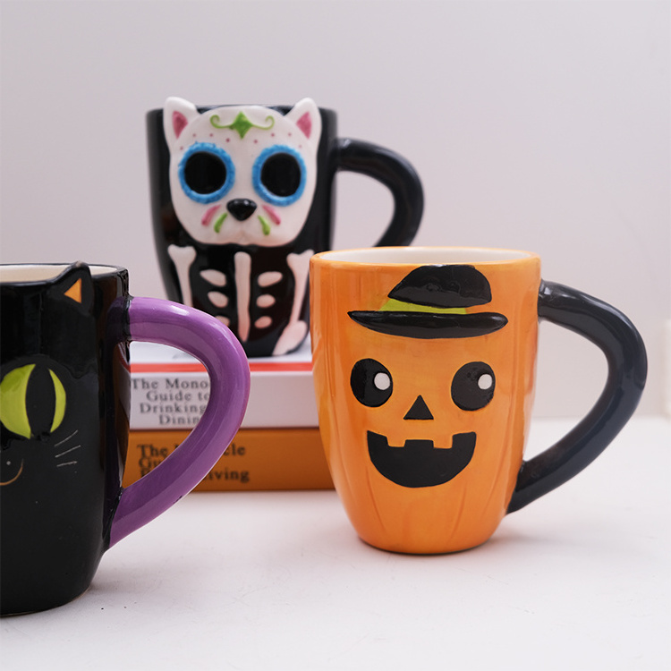 Custom Ceramic Hand-painted Halloween Coffee Mug Creative 3D Embossed cat pumpkin Mugs for Halloween