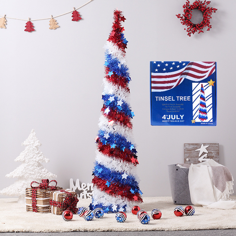 5Ft Garland Tree Collapsible Pre Lit Tinsel 4th of July Holiday Independence Day Ornament Party Home Inflatable Decoration