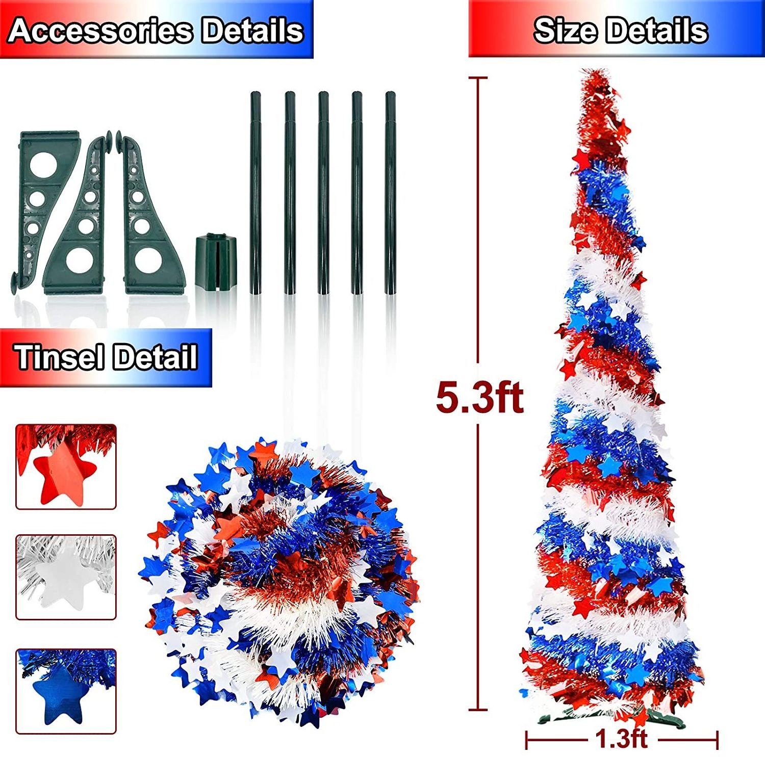 5Ft Garland Tree Collapsible Pre Lit Tinsel 4th of July Holiday Independence Day Ornament Party Home Inflatable Decoration