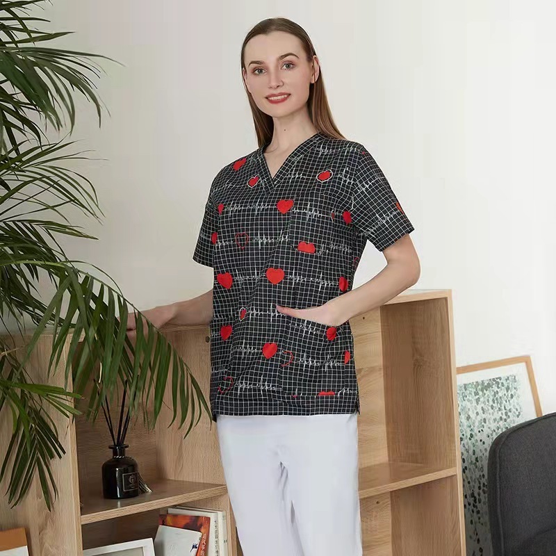 V-neck  pattern Printed pattern Hospital Dental Nurse's shirt scrubs top