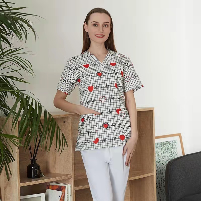 V-neck  pattern Printed pattern Hospital Dental Nurse's shirt scrubs top