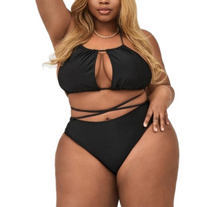 2021 New Arrive Sexy Solid Black Fat Women Hollow-out Swimsuit Large Size Bandeau Swimwear Plus Size Thong Bikini