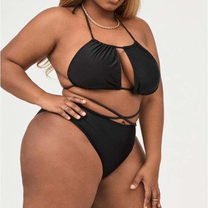 2021 New Arrive Sexy Solid Black Fat Women Hollow-out Swimsuit Large Size Bandeau Swimwear Plus Size Thong Bikini