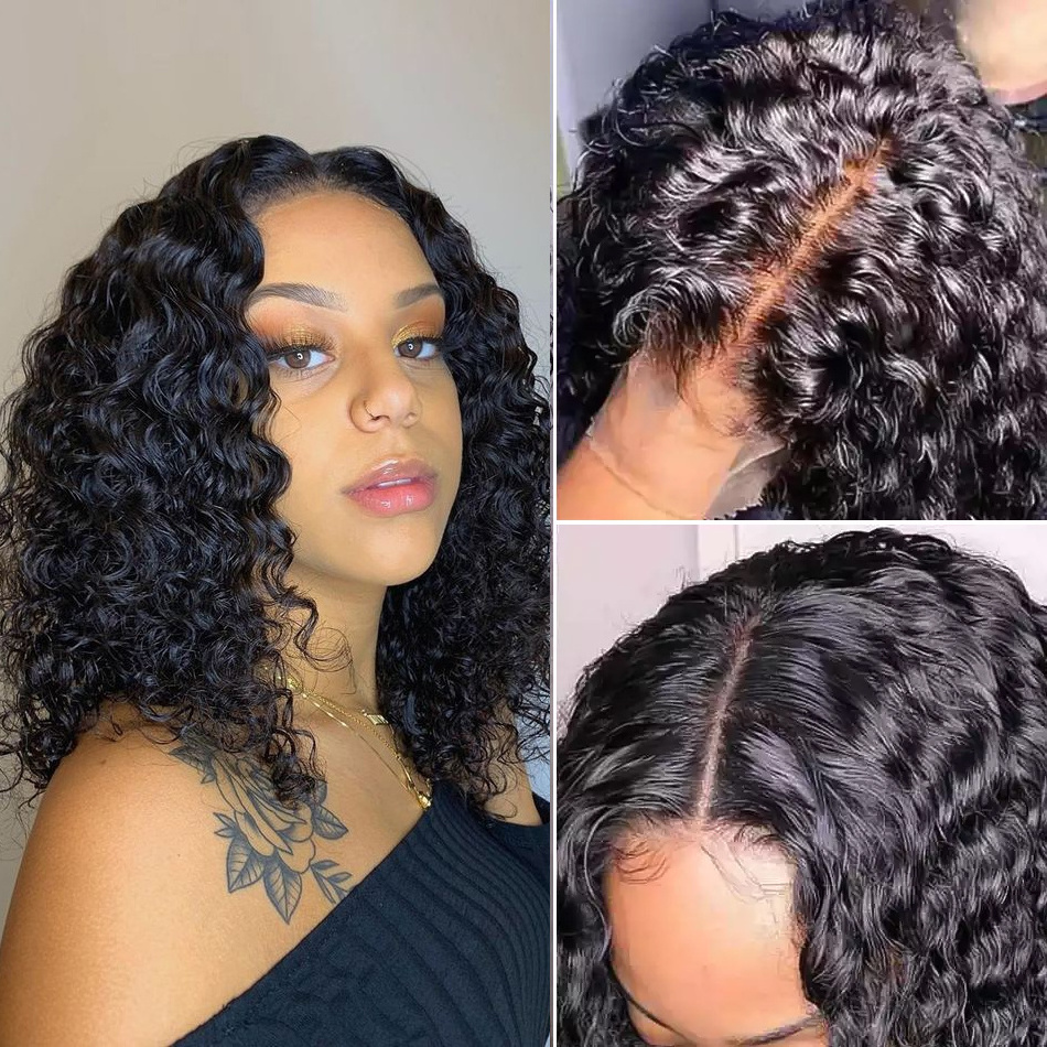 For Black Women Wholesale Short Bob Wigs Human Hair 13x4 Lace Front Water Wave kinky curly deep wave Short Human Hair Wigs