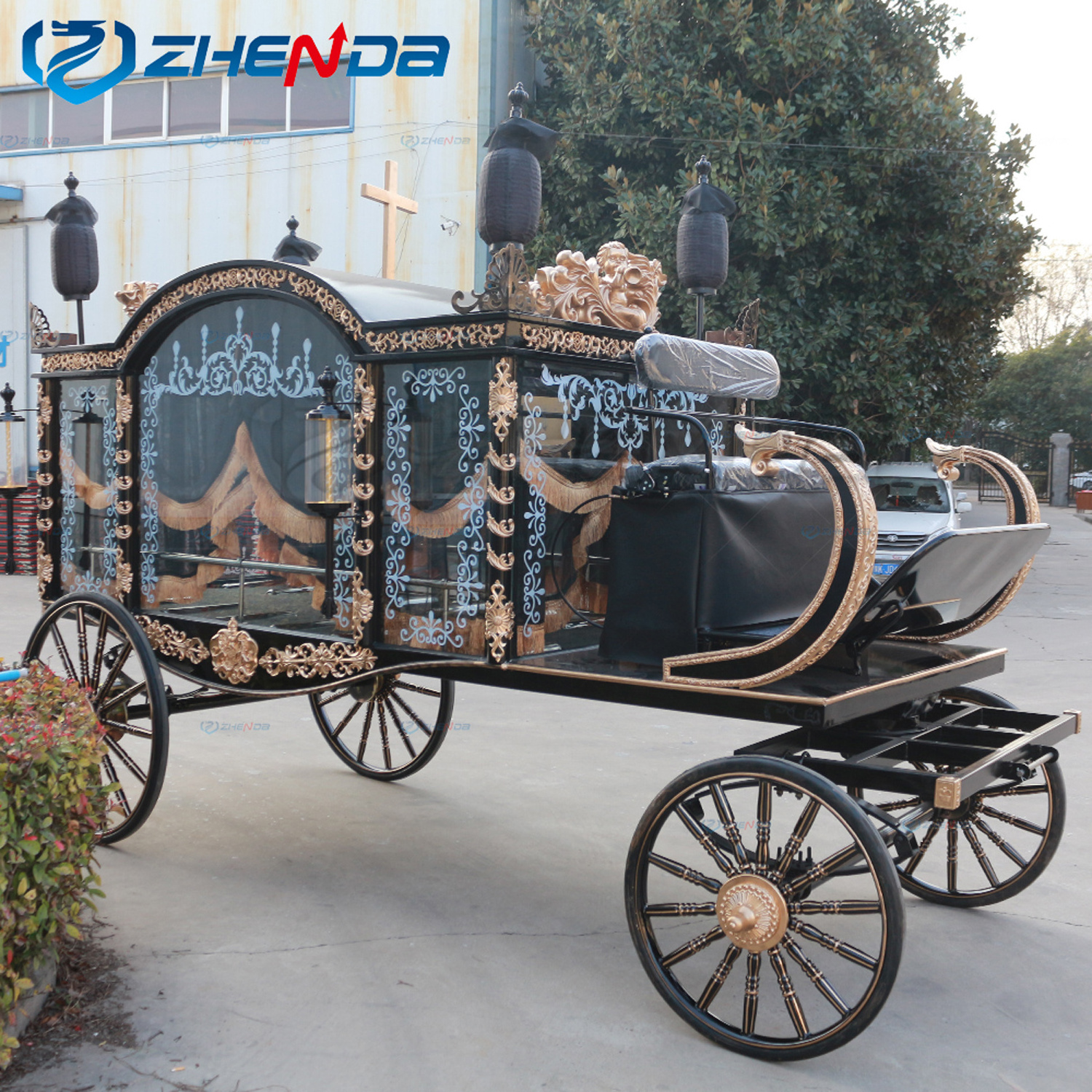 Funeral Car Manufacturer Coffin Cart / European Style Horse Drawn Hearse For Sale