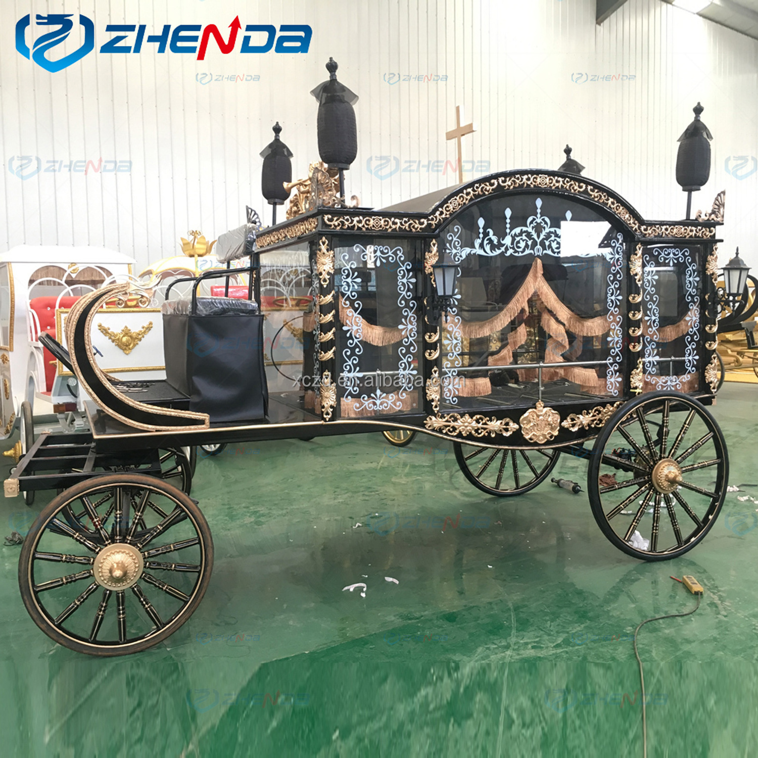 Funeral Car Manufacturer Coffin Cart / European Style Horse Drawn Hearse For Sale