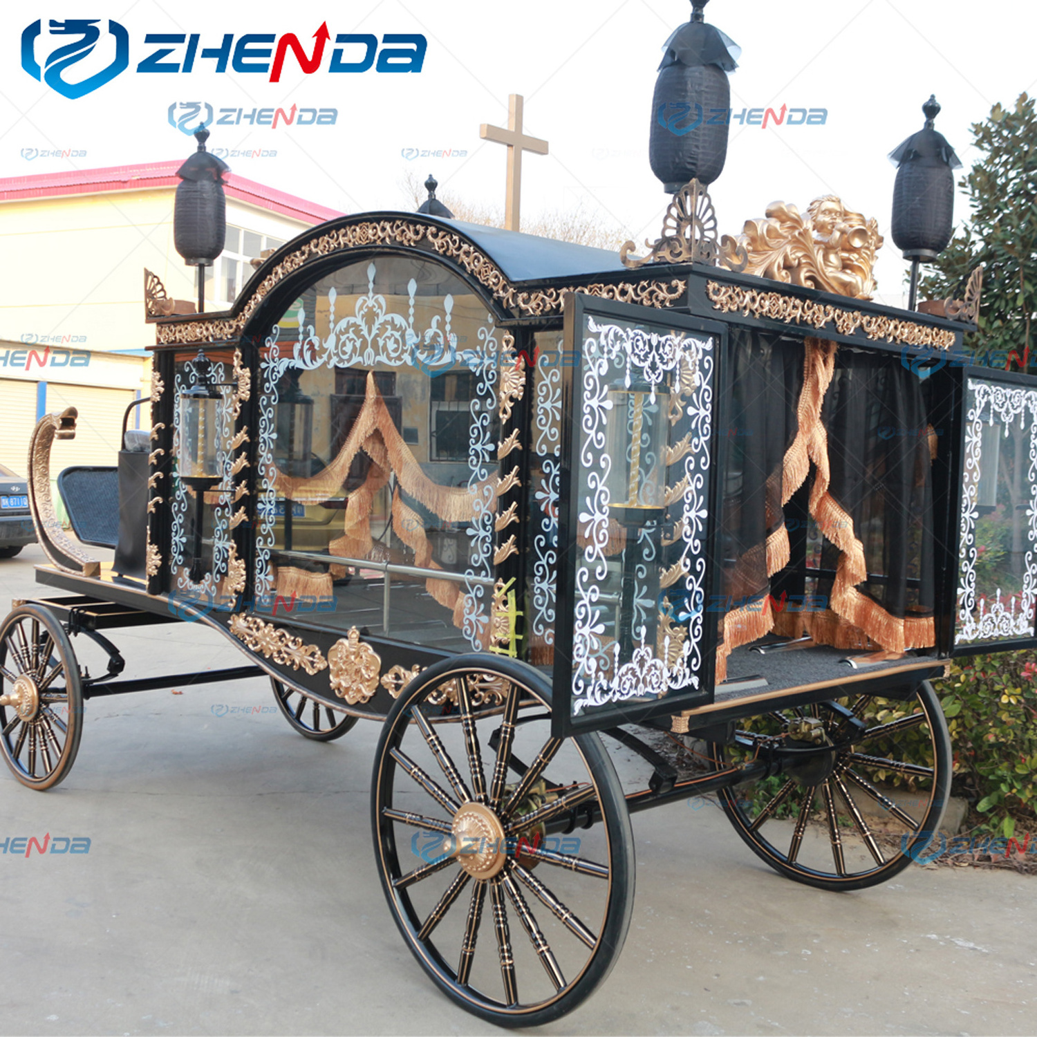 Funeral Car Manufacturer Coffin Cart / European Style Horse Drawn Hearse For Sale