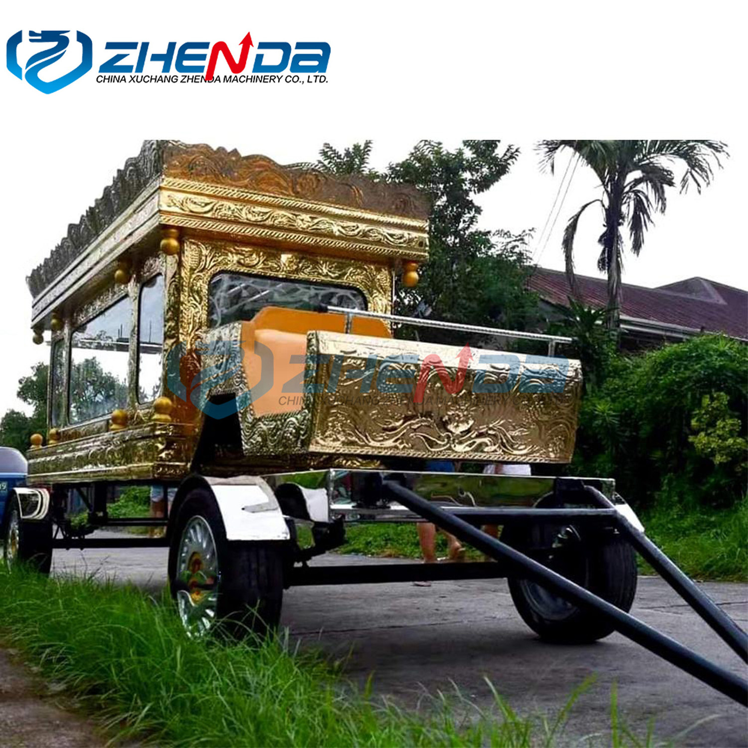 Golden funeral carriage Traditional funeral hearse. Luxury horse drawn hearse