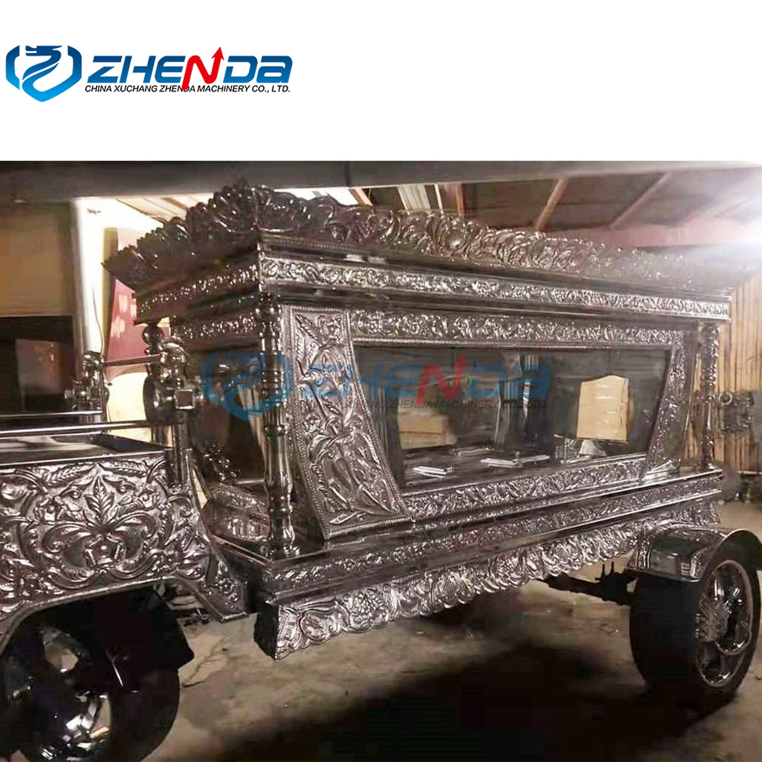 Golden funeral carriage Traditional funeral hearse. Luxury horse drawn hearse