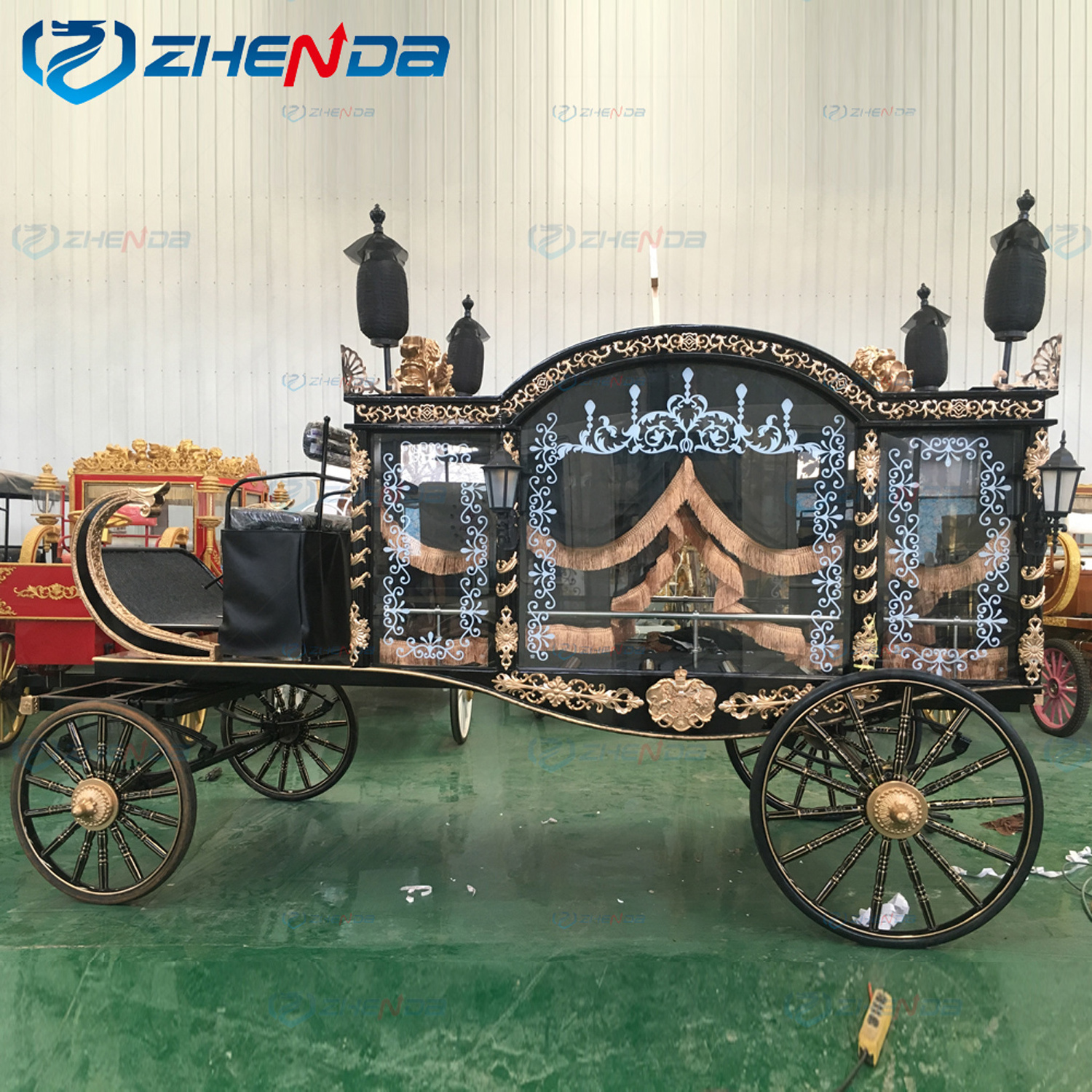 Funeral Car Manufacturer Coffin Cart / European Style Horse Drawn Hearse For Sale