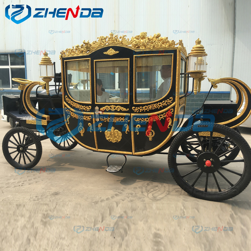 Black Luxury Royal Horse Carriage Marathon Retro Wedding Horse Cart 4-Wheel European Electric Royal Carriage