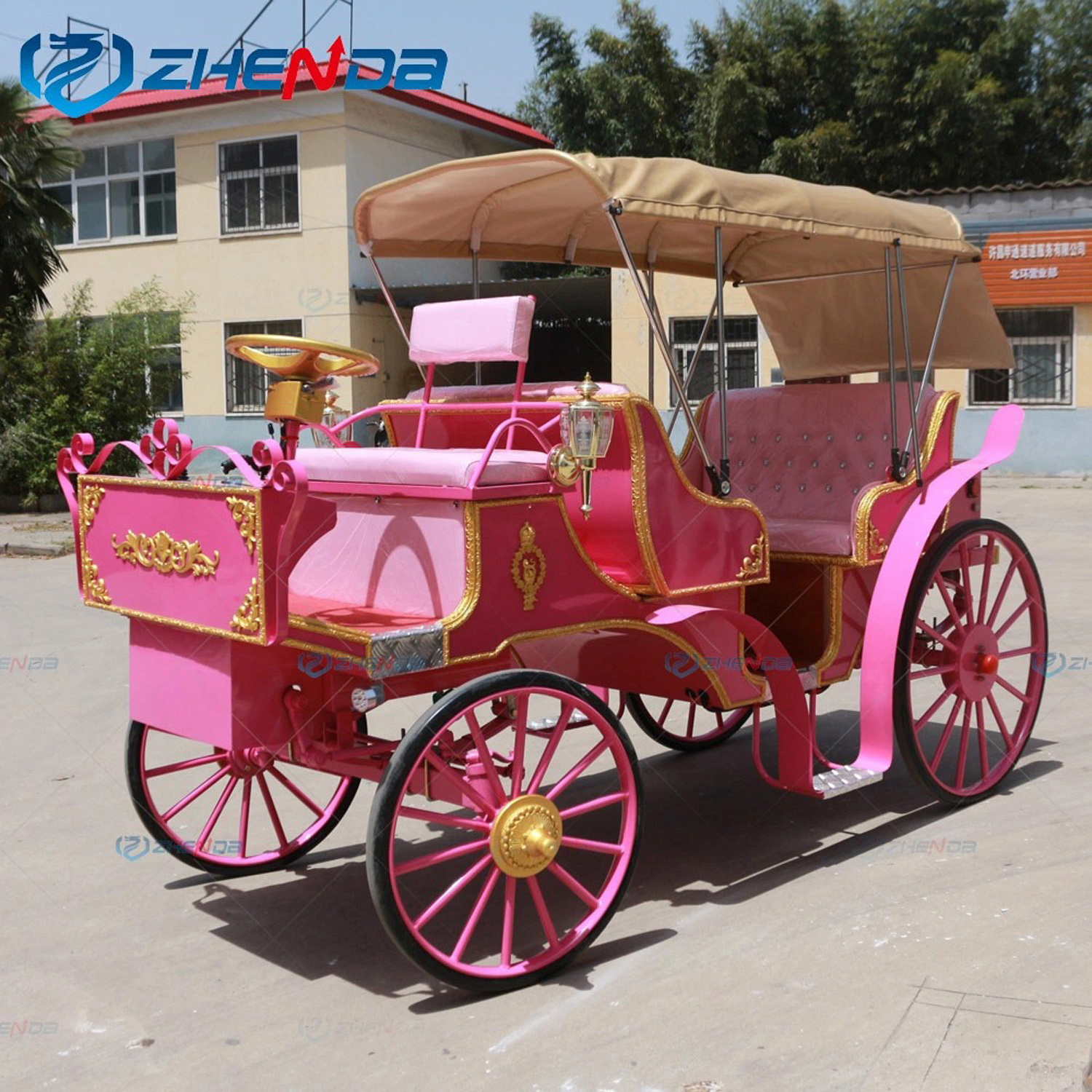 Pink 3-row Victoria sightseeing carriage luxury royal horse cart Cinderella wedding horse carriage on sale