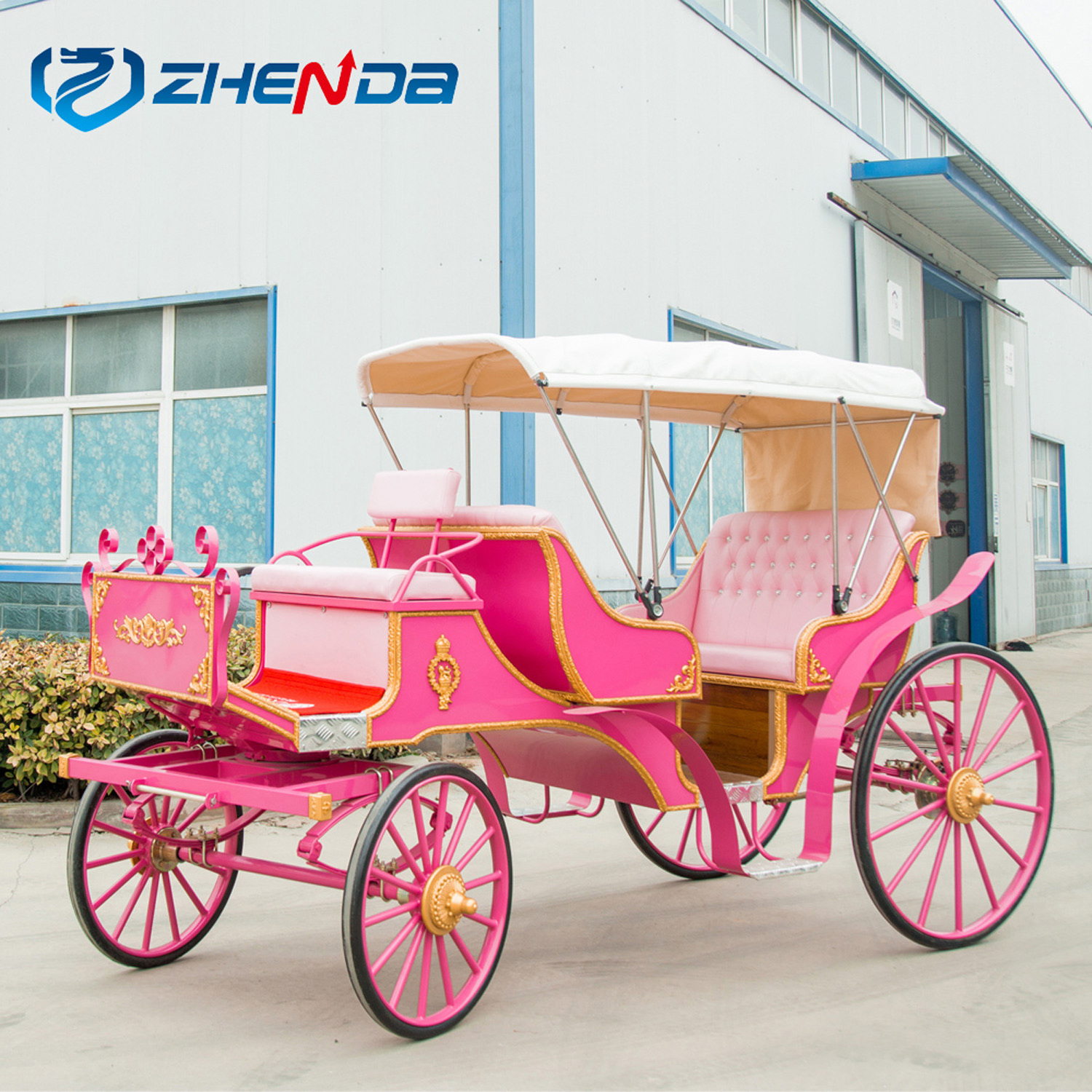 Pink 3-row Victoria sightseeing carriage luxury royal horse cart Cinderella wedding horse carriage on sale