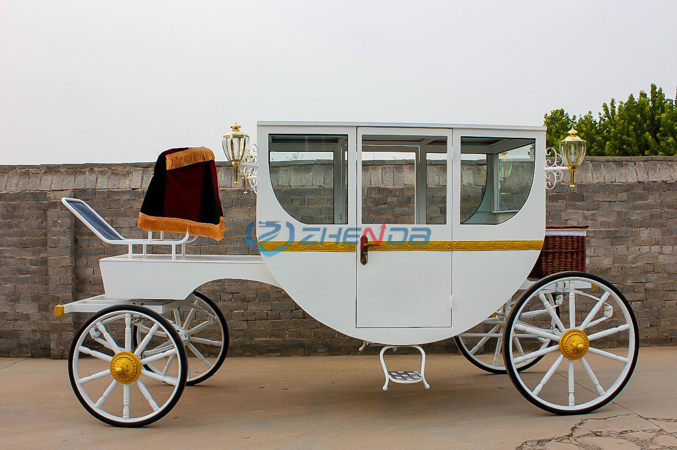 OEM High Quality Golden Marathon Horse Wagon Carriage Cart With Soft Double Seats Simple Elegant Horse Carriage