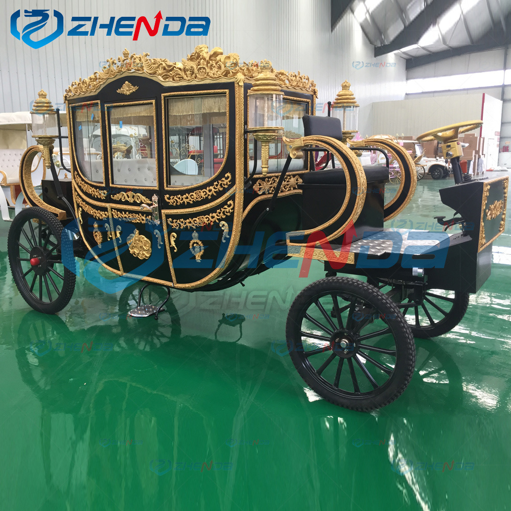 Black Luxury Royal Horse Carriage Marathon Retro Wedding Horse Cart 4-Wheel European Electric Royal Carriage