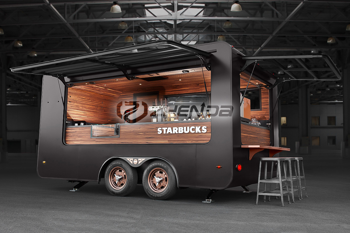 Black Mobile Electric Kitchen Coffee Bar Diner Truck Juice Snack Food Trailer Truck Country Street Side Road Food cart