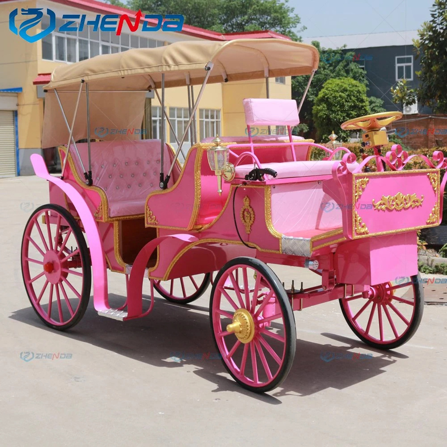 Pink 3-row Victoria sightseeing carriage luxury royal horse cart Cinderella wedding horse carriage on sale