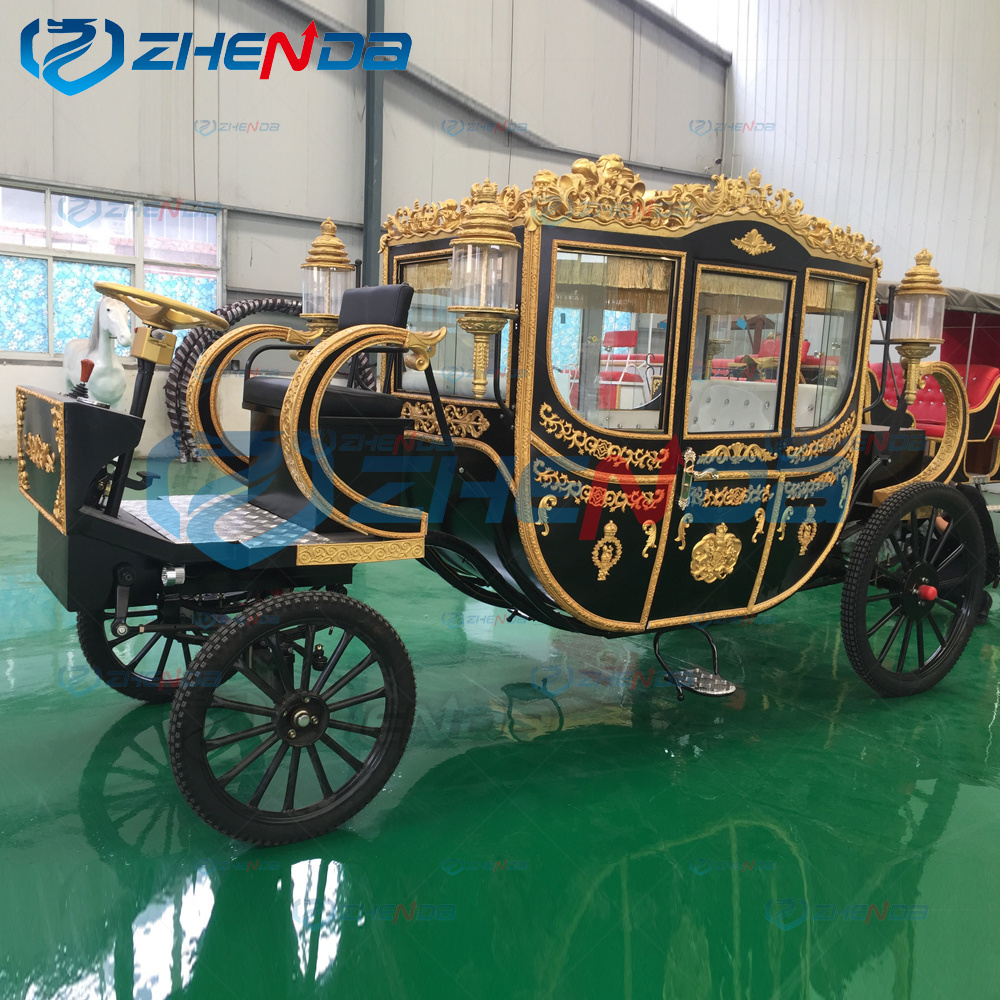 Black Luxury Royal Horse Carriage Marathon Retro Wedding Horse Cart 4-Wheel European Electric Royal Carriage